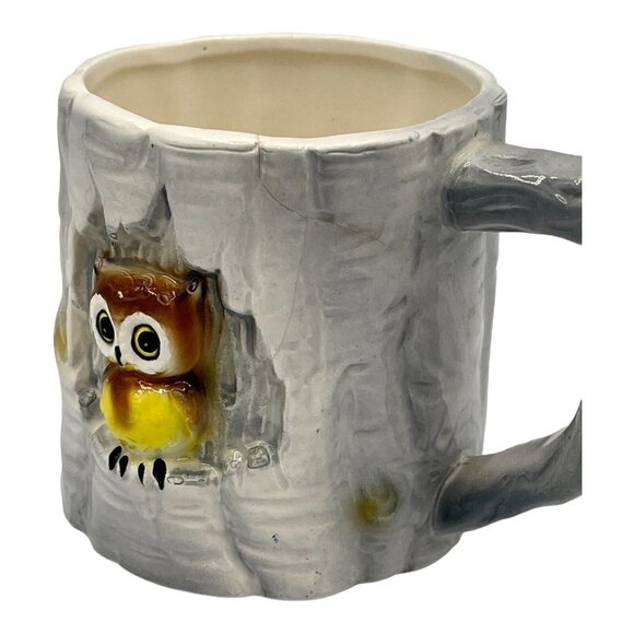 Unbranded Other - Vintage 3D Small Mug Worried Looking Owl in Gray Tree with Branch Handle READ